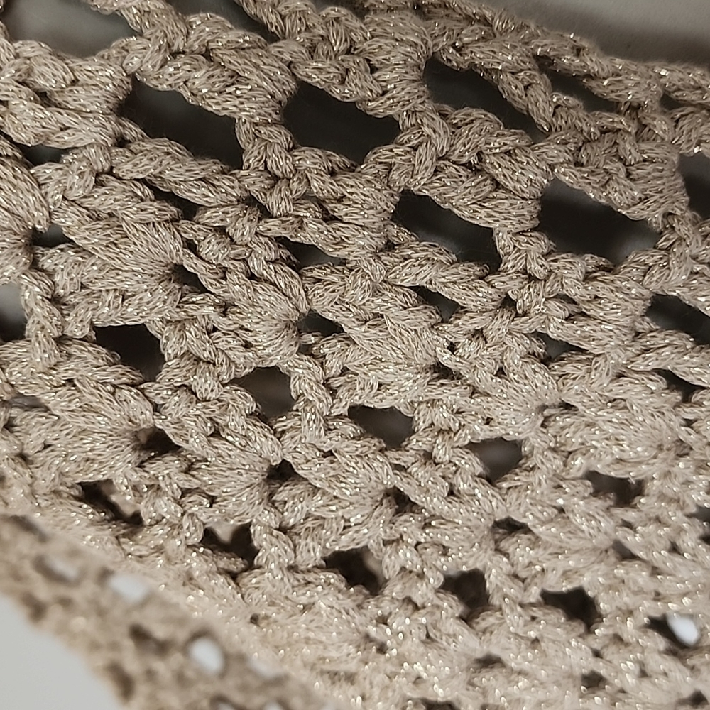 Chico's black label taupe open front crochet sweater gold metallic-1 - Picture 2 of 8